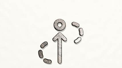 TARGET PATH on the wall. 3D illustration of metallic sculpture over a white background with mild texture. business and concept