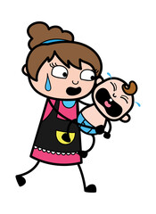 Cartoon Beautician holding crying baby