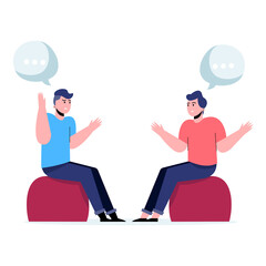 Two men sitting in chairs facing each other having in conversation. Flat vector illustration