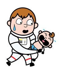 Cartoon Astronaut holding crying baby