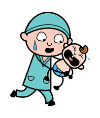 Cartoon Surgeon holding crying baby