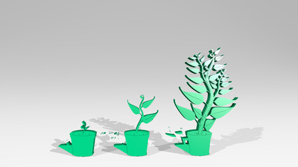 growing plants from a perspective on the wall. A thick sculpture made of metallic materials of 3D rendering. background and green