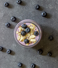 Yogurt with blueberries and almonds. Healthy eating. Vegetarian food. Breakfast. Dessert.