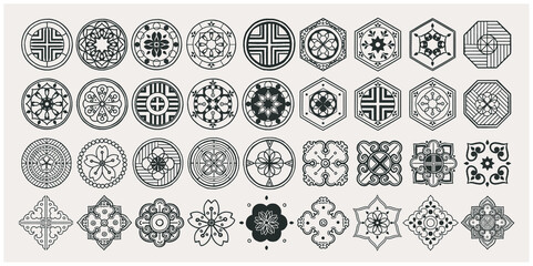 Set of hand drawn oriental elements. Black mandala / Asian traditional design. 