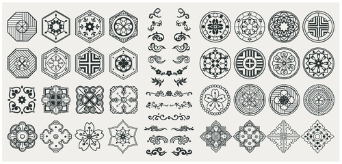Set of hand drawn oriental elements. Black mandala / Asian traditional design.  - obrazy, fototapety, plakaty