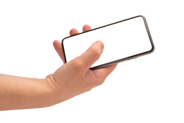 Smart phone in man hand isolated on white background.  White screen.
