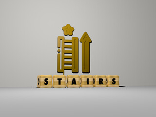 3D graphical image of STAIRS vertically along with text built by metallic cubic letters from the top perspective, excellent for the concept presentation and slideshows. architecture and background