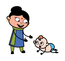 Cartoon Indian Lady with Crowling Baby