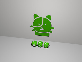 3D representation of cat with icon on the wall and text arranged by metallic cubic letters on a mirror floor for concept meaning and slideshow presentation. animal and illustration
