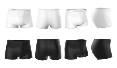 Set of men's underwear, shorts, swimming trunks in black and white colors. Empty 3d realistic mock up, template. Illustration of clothes. Front, back, side views.