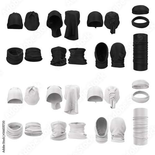 Download Set Of Different Buff Options How To Tie And Wear A Buff Front And Back View Blank Black And White Mockup Templates 3d Realistic Illustration Of Clothes Wall Mural Studioilanp