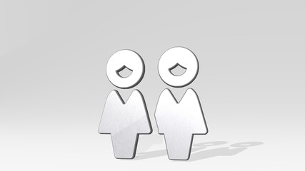 MULTIPLE WOMAN casting shadow from a perspective. A thick sculpture made of metallic materials of 3D rendering. background and illustration