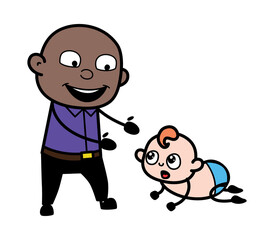 Cartoon Bald Black Man with Crowling Baby