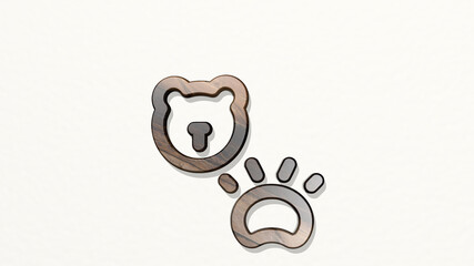 BEAR PAW from a perspective on the wall. A thick sculpture made of metallic materials of 3D rendering. illustration and animal