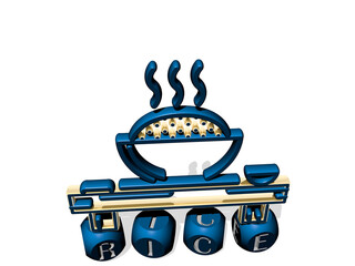 3D illustration of RICE graphics and text made by metallic dice letters for the related meanings of the concept and presentations. background and food