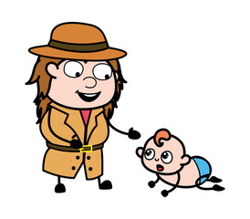 Cartoon Investigator with Crowling Baby