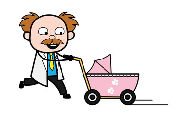 Cartoon Scientist with Baby Cart
