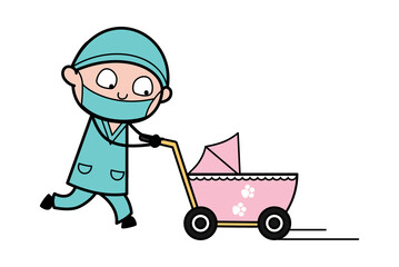 Cartoon Surgeon with Baby Cart