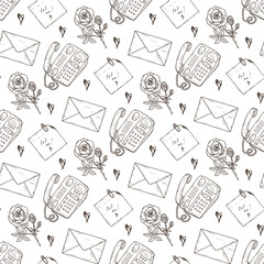 Valentine seamless pattern. Hand Drawn doodle telephone, rose, envelope, sticky note. Romantic vintage background
