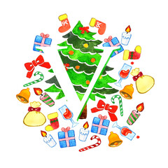 水彩で描かれたクリスマスのアルファベットカード