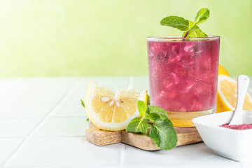 Red matcha lemonade, white background, copy space