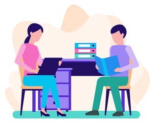 Man with book and woman with laptop sit next to desk in the office. Working process. Flat design. Vector illustration.