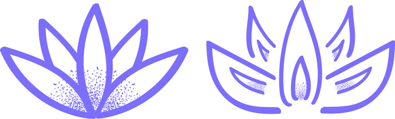 Set of two purple lotus dot and lines vector illustration. Abstract isolated oriental flowers icon. Minimalism logo for yoga or spa studio. Mandala sacred geometry.