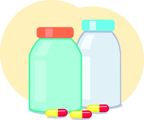 Vector blue medicine vesicle and red-yellow pills lay near them. Plastic bottle with pharmacy for health care. Two medicament container with vitamins.