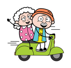 Cartoon Grandpa Riding Scooter with an old lady