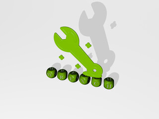 3D representation of WRENCH with icon on the wall and text arranged by metallic cubic letters on a mirror floor for concept meaning and slideshow presentation. illustration and background