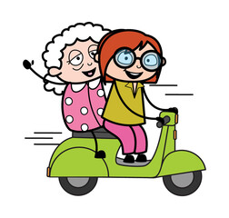 Cartoon Teacher Riding Scooter with an old lady