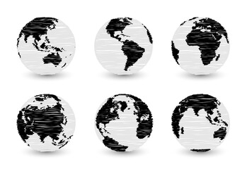 Set of planet earth. Set of earth globe. World maps black white monochrome with scribble effect. Isolated premium vector