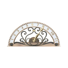 Metal indicator for elevator with arrow in retro style. Top view. 3d illustration isolated on a white background. Interior design in a luxury hotel, bank. Numbers with gold arrows. Eight.