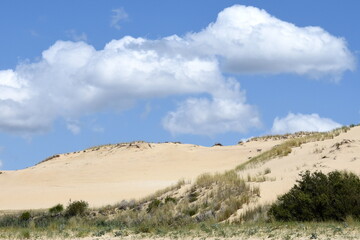 France, Aquitaine, côte atlantique au sud du bassin d'Arcachon, cordon dunaire et nuages.