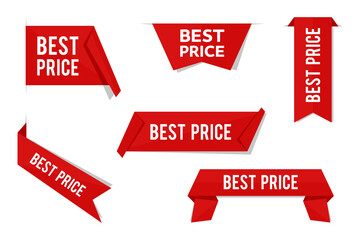 Best price tags, vector red labels isolated on white background. Flat modern banners for advertising. Stock illustration