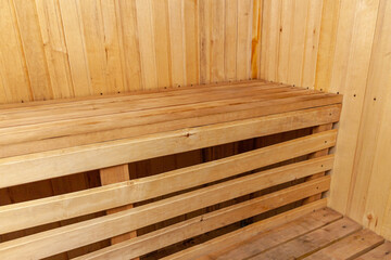 Interior details of traditional Finnish sauna steam room. Traditional old Russian bathhouse SPA Concept. Relax country village bath concept.