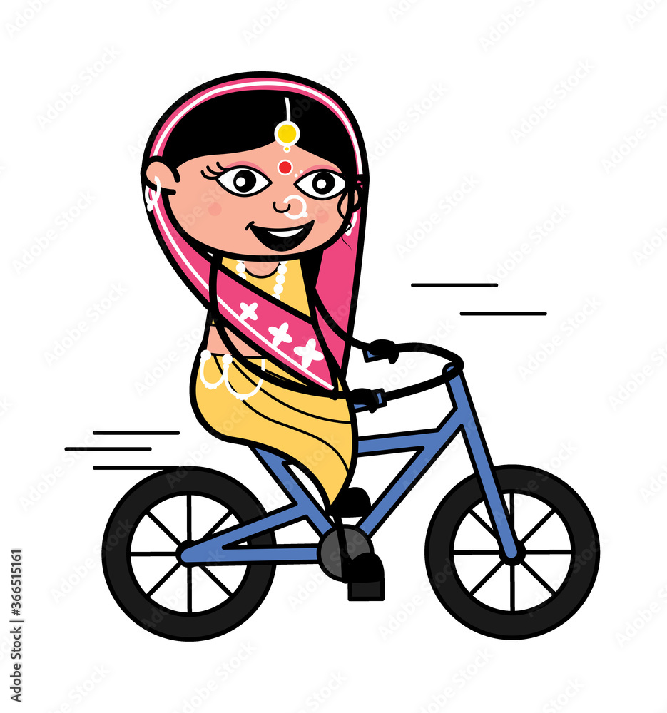 Wall mural Cartoon Indian Woman Riding bicycle - Wall murals