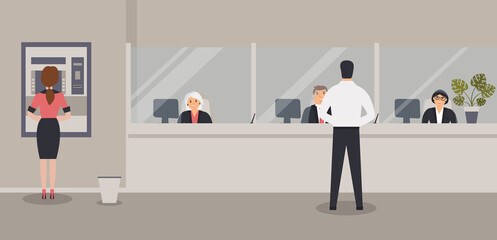 Bank office interior:Bank clerks sit behind barrier with glass, ATM or cash machine,bin.Elegant interior financial institution. Hall with bank counter with plant monstera in pot. Raster illustration