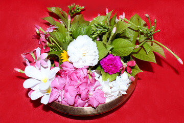 beautiful flowers in pot with rangoon criper, rose and pink oleander flower, decorative background