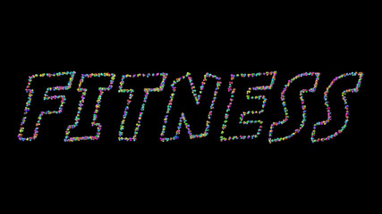 Colorful 3D writing of fitness text with small objects over a dark background and matching shadow. exercise and woman