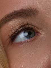 Fototapeta premium Close up view of beautiful brown female eye. Perfect trendy eyebrow. Good vision, contact lenses, brow bar or fashion eyebrow makeup concept. Spa, surgery and cosmetology