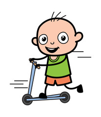 Cartoon Bald Boy Rides the kick scooter