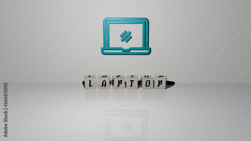 Fototapete 3D illustration of laptop graphics and text made by metallic dice letters for the related meanings of the concept and presentations. computer and business