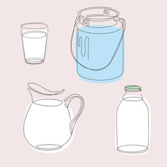 Set of images of utensils for milk. Can, jug, glass and bottle.