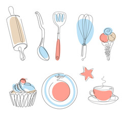 Set of kitchen utensils. Cupcake and ice cream. Continuous line.