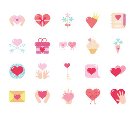 love key and hearts icon set, flat style