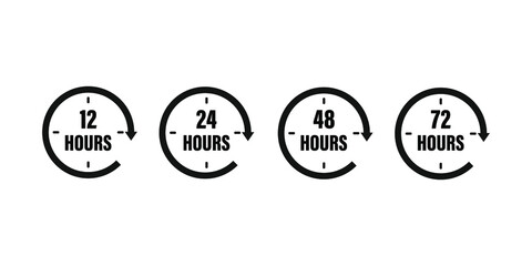 12, 24, 48 and 72 hours clock arrow. Vector icon on white background .  Working time . Black clock . 10 eps