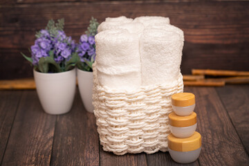 Spa towels, cosmetics, and herbal compress