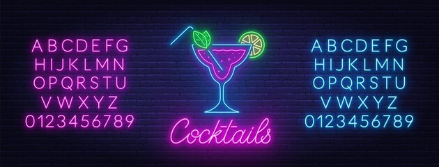 Cocktail neon sign on brick wall background. Blue and pink neon alphabets. © TanyaFox