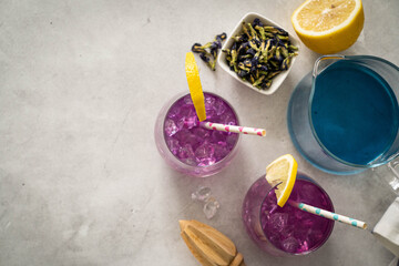 Galaxy color changing butterfly pea lemonade, copy space